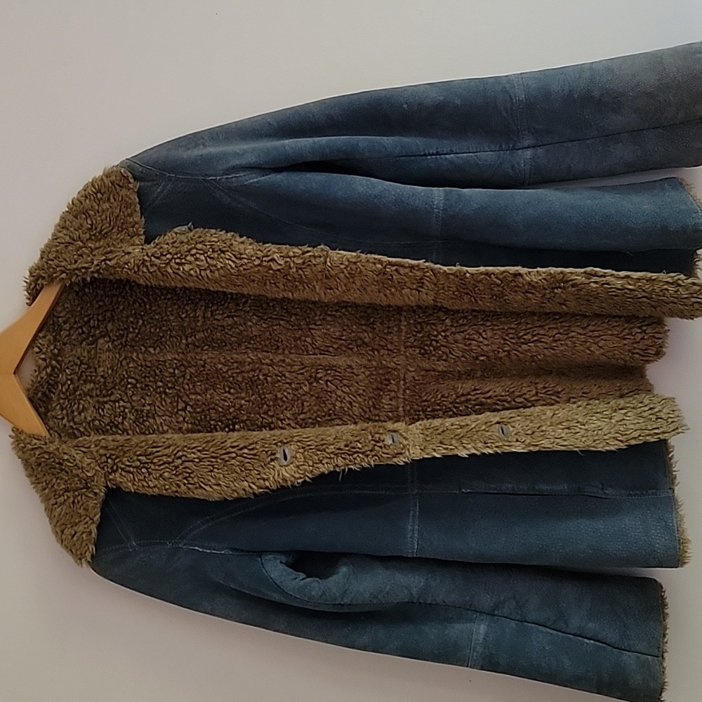 Guess Y2K Denim Effect Blue Leather Suede Penny Lane Jacket Faux Fur Trim M Firm - Picture 2 of 10